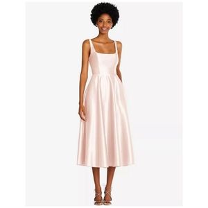 THREAD SQUARE NECK FULL SKIRT SATIN MIDI DRESS WITH POCKETS IN BLUSH size 6